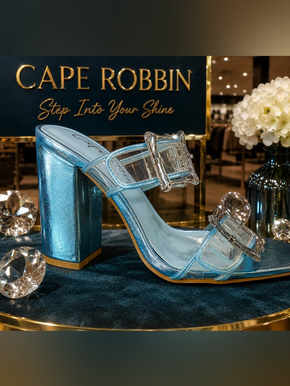 Cape Robbin Blue Metallic Block Heel Sandal with Clear Straps